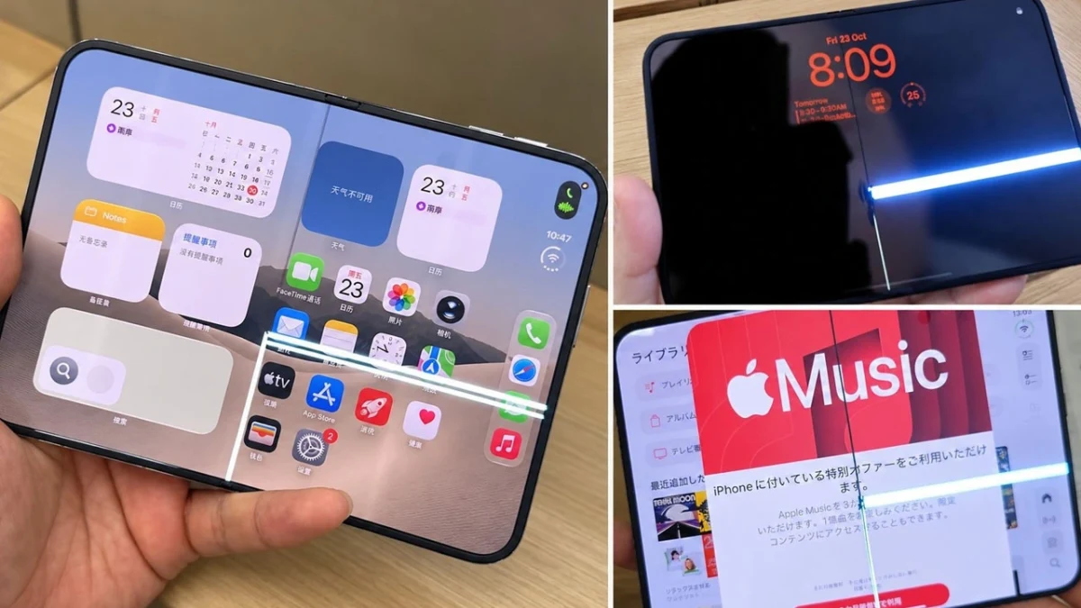 Açık halde katlanabilir bir telefon ve ekranında çatlak izlenimi veren görüntülerden oluşan kolaj