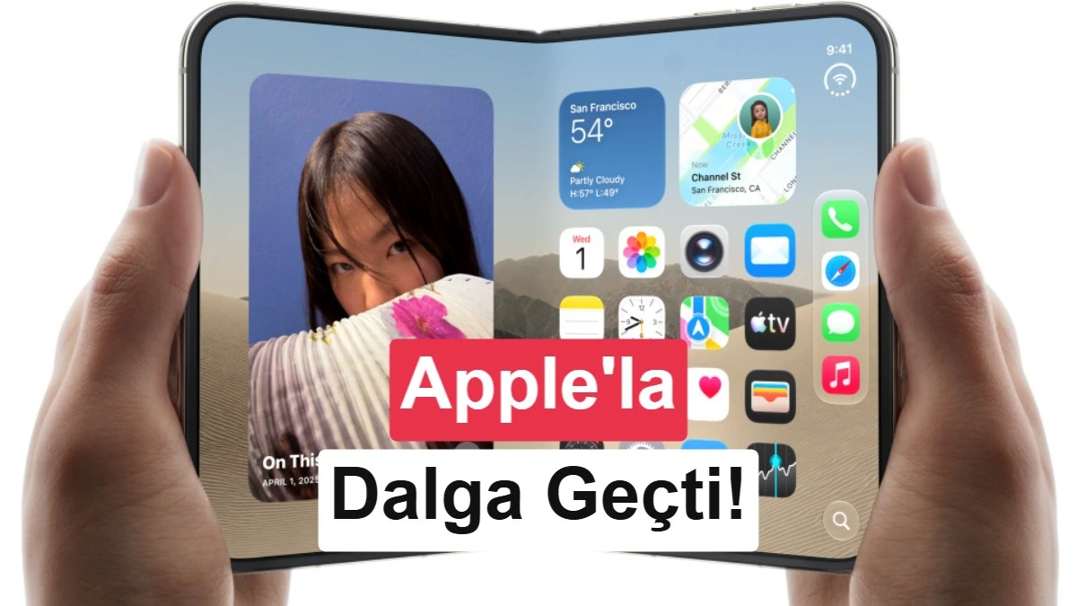 Katlanabilir bir telefonun ekranında Apple’a gönderme yapan “Dalga Geçti!” yazısı