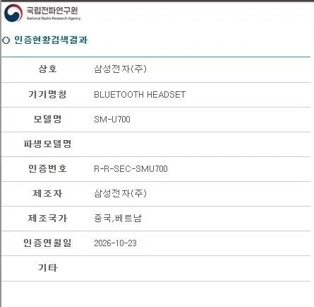 RRA sertifika kaydında Samsung Bluetooth Headset ve SM-U700 model numarası bilgileri