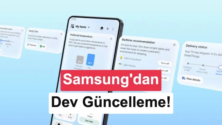 Samsung SmartThings uygulamasının yenilenen arayüzünü gösteren iki akıllı telefon ekranı
