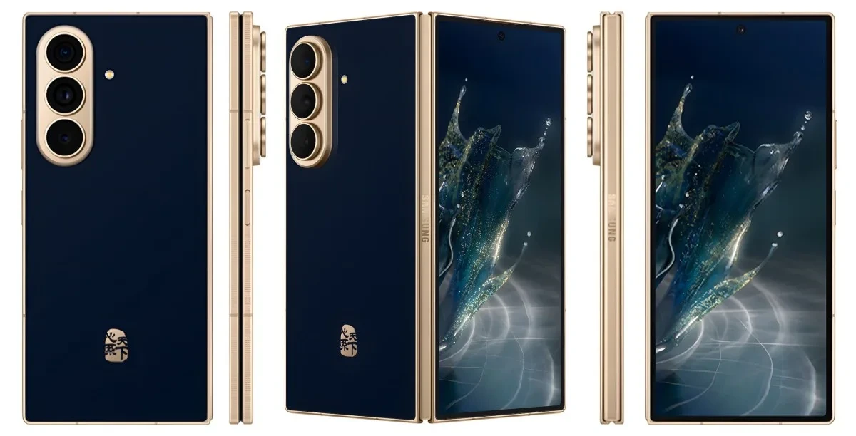 Koyu mavi gövdeli, altın renkli çerçeve ayrıntılarına sahip Samsung W27’nin açık ve kapalı görünümü