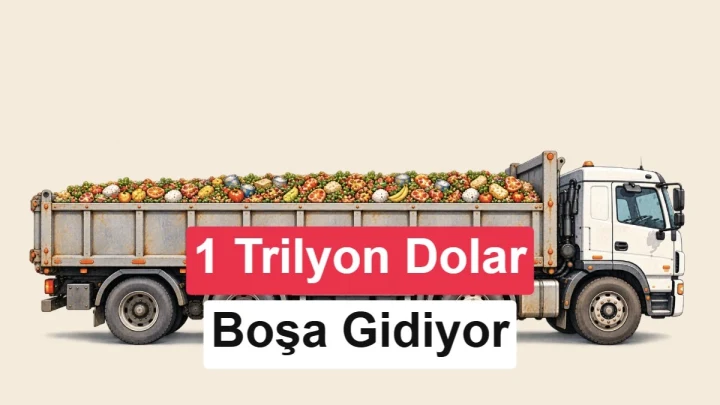 Sebze ve meyve yüklü kamyonun üzerinde 1 trilyon doların boşa gittiğini belirten yazı