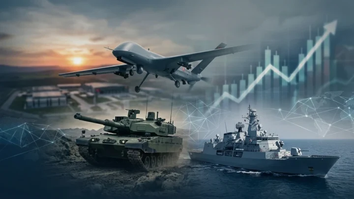 Savunma sanayisini temsil eden insansız hava aracı, tank ve savaş gemisi görseli; arka planda yükselen grafik