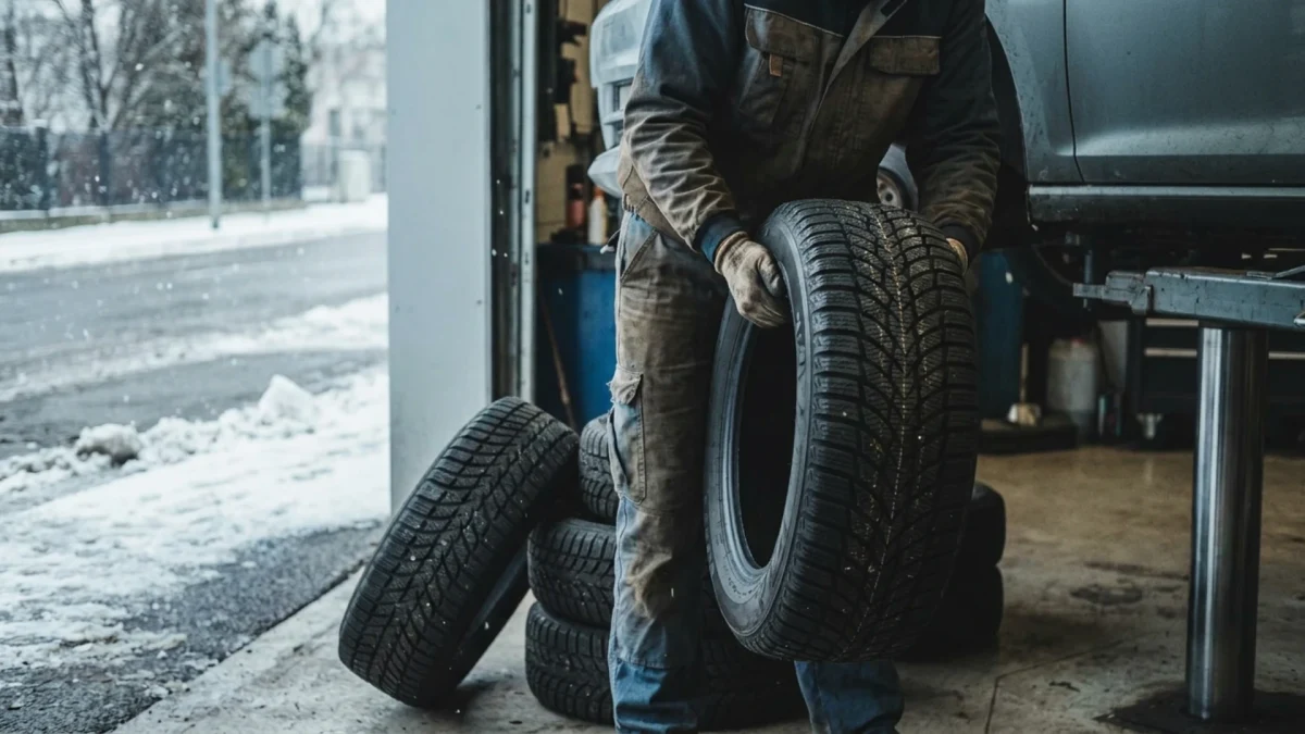 Oto servisinde bir çalışan kış lastiğini taşıyor.