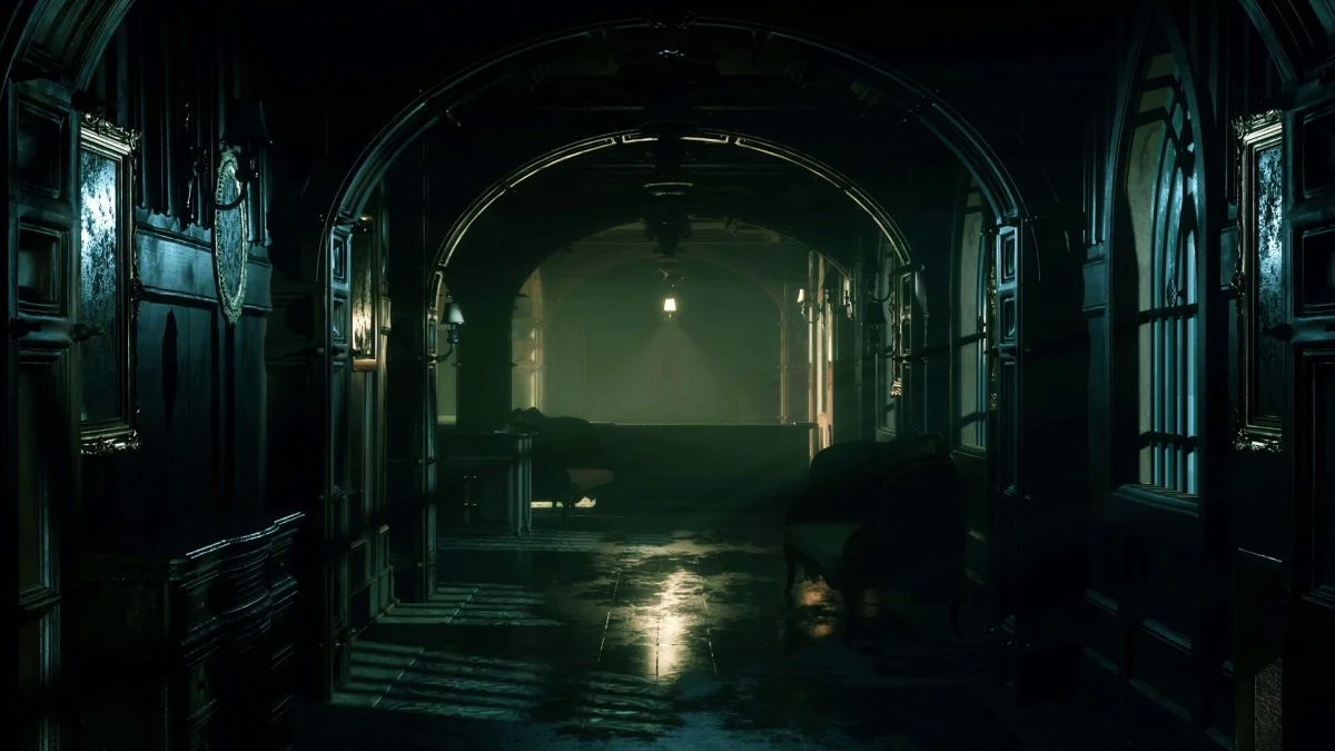 Sker: The Bleeding Veil’de karanlık ve loş ışıklı bir koridorun görünümü