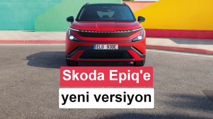 Kırmızı Skoda Epiq’in önden görünümü ve yeni versiyonu duyuran kapak yazısı