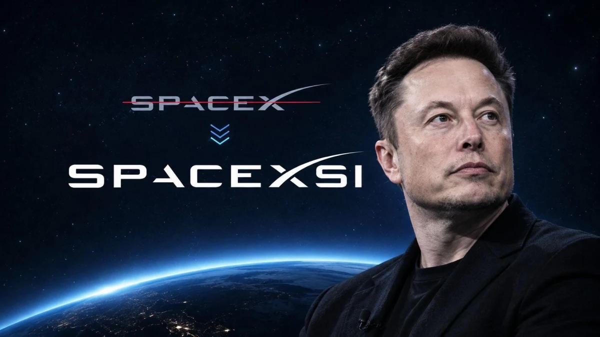Elon Musk portresi yanında SpaceXSI logosu ve Dünya ufku