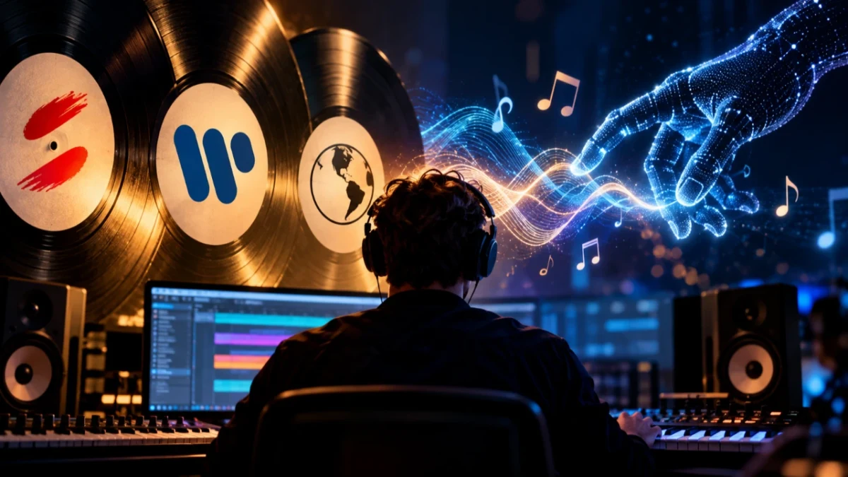 Müzik stüdyosunda bilgisayar ve klavye başında çalışan bir kişi; çevresinde plaklar ve dijital müzik dalgaları