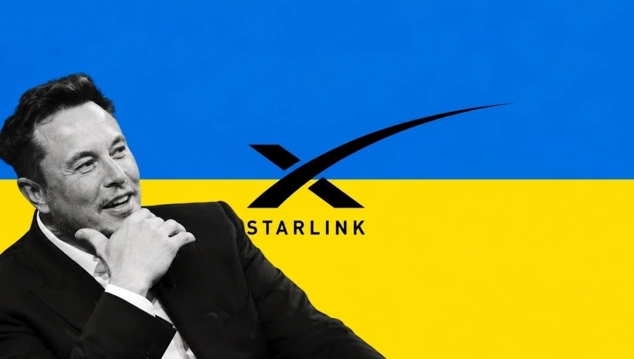 Elon Musk portresi ve Starlink logosu, Ukrayna bayrağının renkleri önünde
