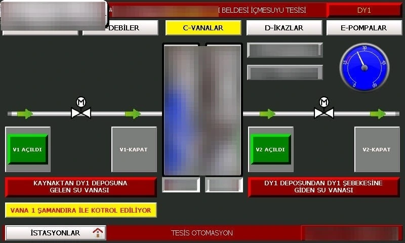 Su tesisi otomasyonunda vana ve pompaları gösteren kontrol paneli