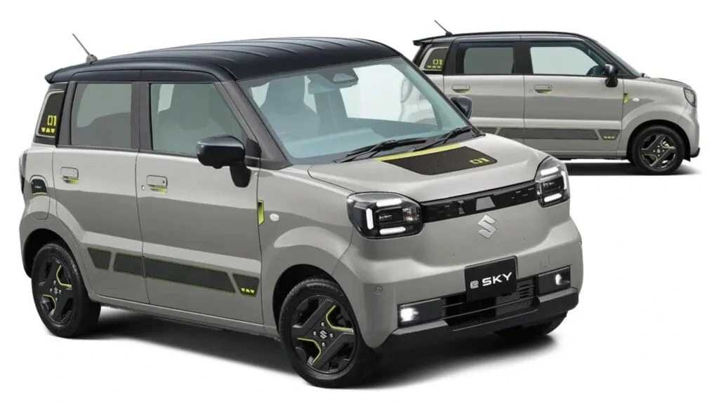 Suzuki e SKY elektrikli kei otomobilin önden ve yandan görünümü