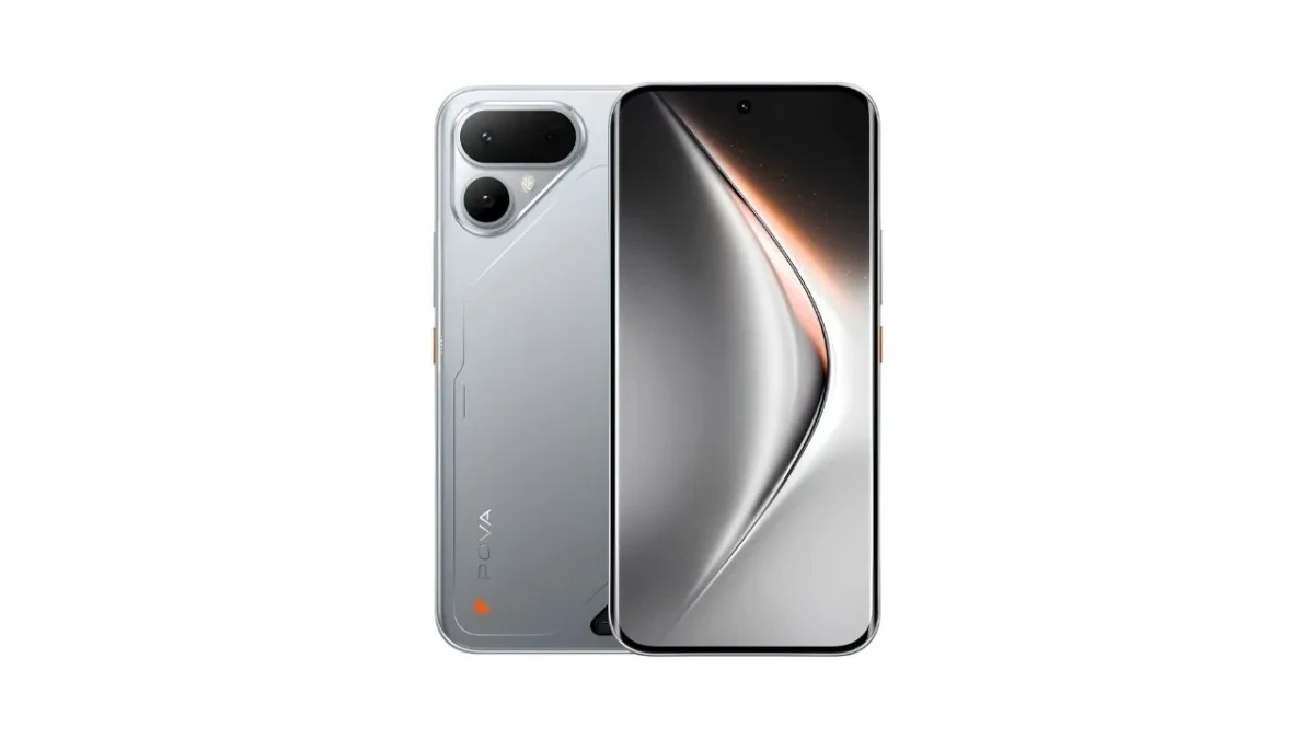 TECNO POVA Curve 2 5G telefonun gümüş grisi arka yüzü ve ön ekranı