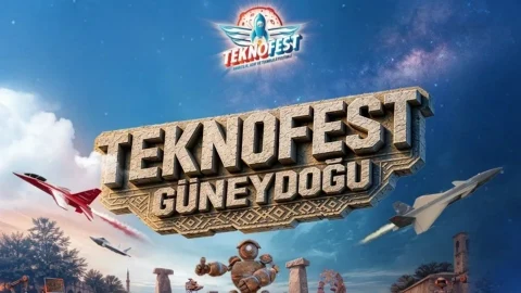 TEKNOFEST Güneydoğu yazılı festival görselinde gökyüzünde uçaklar ve etkinlik logosu yer alıyor