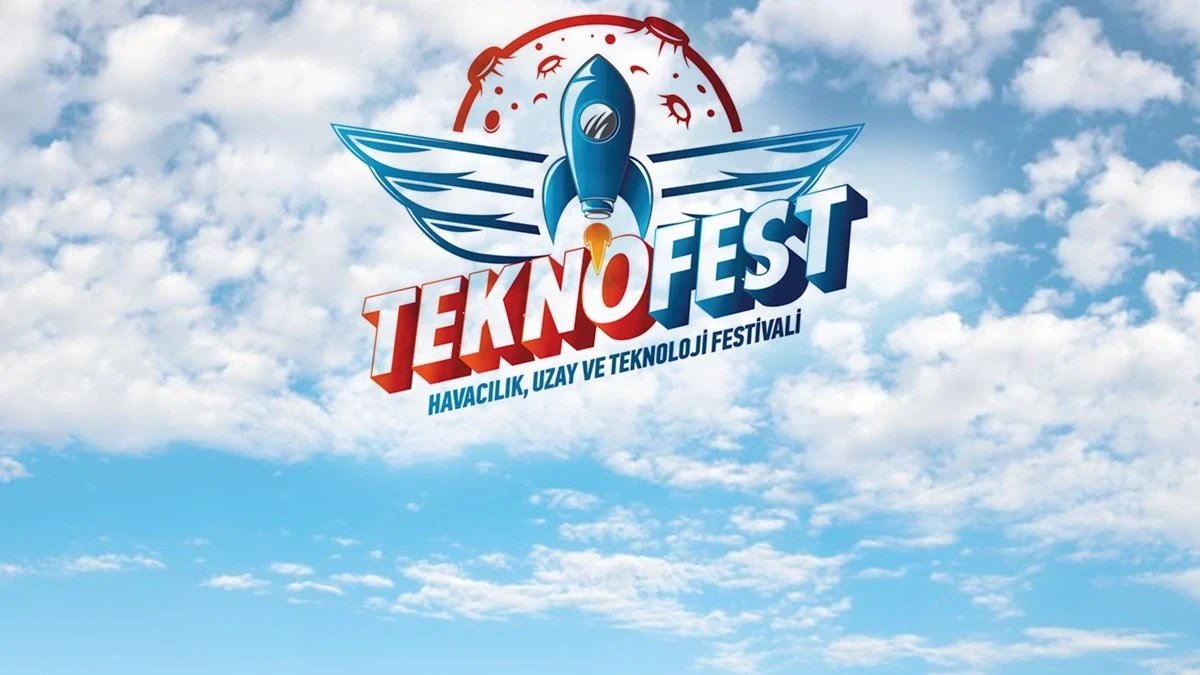 Mavi gökyüzü ve bulutlar önünde TEKNOFEST logosu