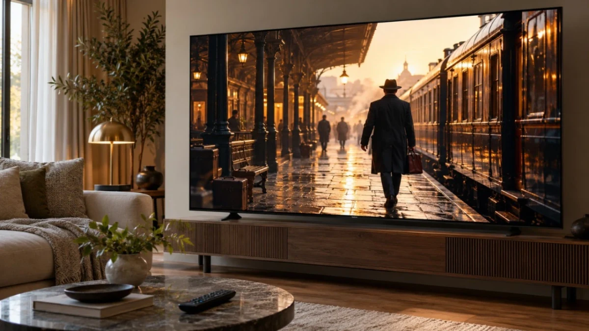 Bir oturma odasında, ekranda yağmurlu bir sokak sahnesi görünen büyük televizyon