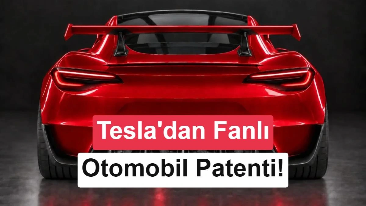 Kırmızı spor otomobilin arkadan görünümü ve Tesla’nın fanlı otomobil patentine ilişkin yazı