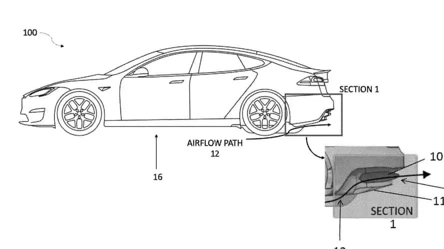 Tesla patent çiziminde hava akış yolu ve difüzörün yandan görünümü