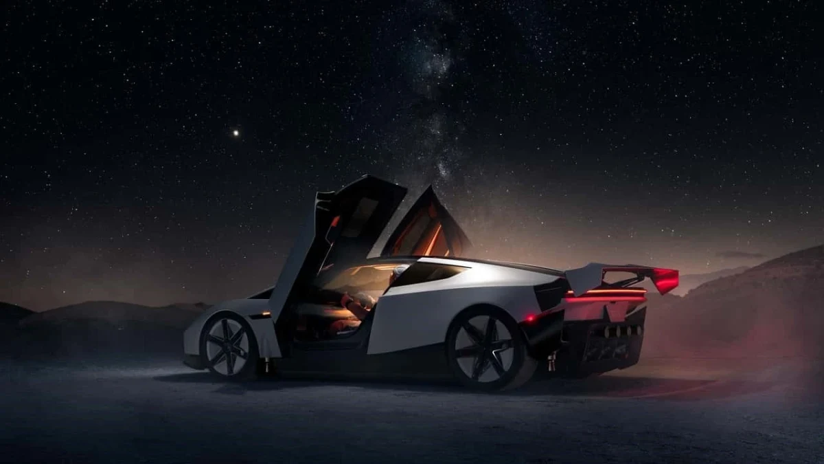 Kapısı açık Tesla Roadster, gece karanlığında görüntüleniyor
