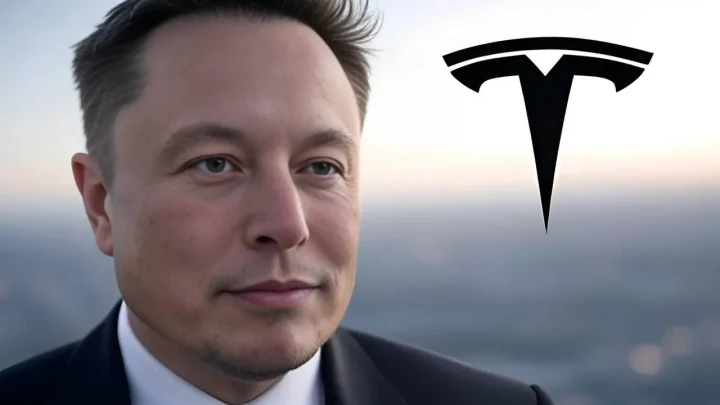 Elon Musk portresi ve yanında Tesla logosu