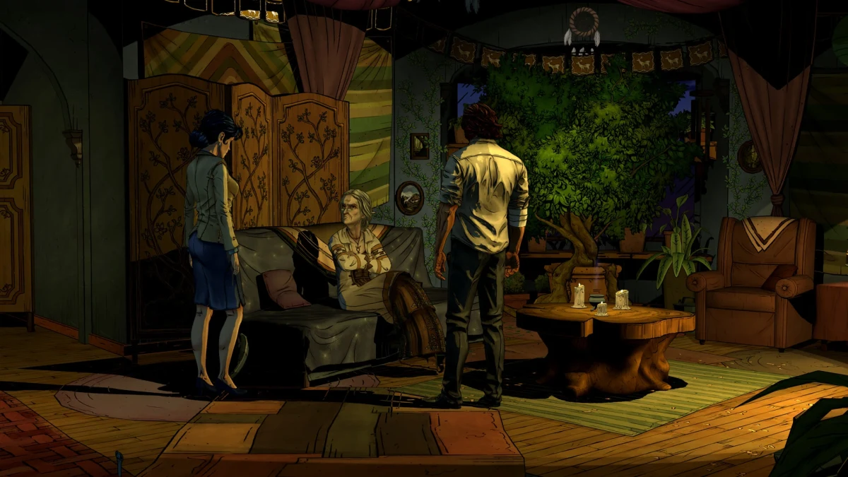 The Wolf Among Us oyunundan bir sahnede Bigby Wolf, bir odada ayakta duran ve oturan iki karakterle birlikte görülüyor.