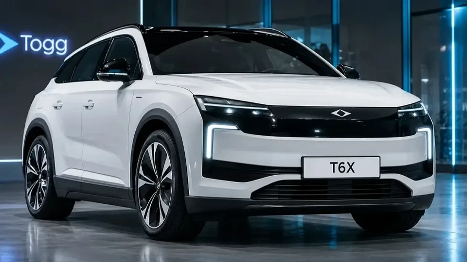 Kapalı bir alanda sergilenen beyaz TOGG T6X otomobili