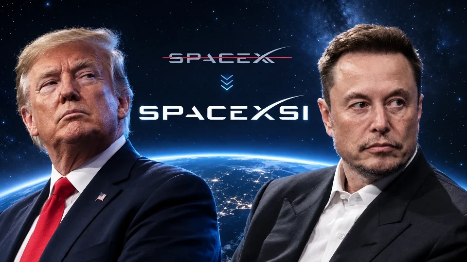 Donald Trump ve Elon Musk, uzay arka planında SpaceXSI yazısının yanında
