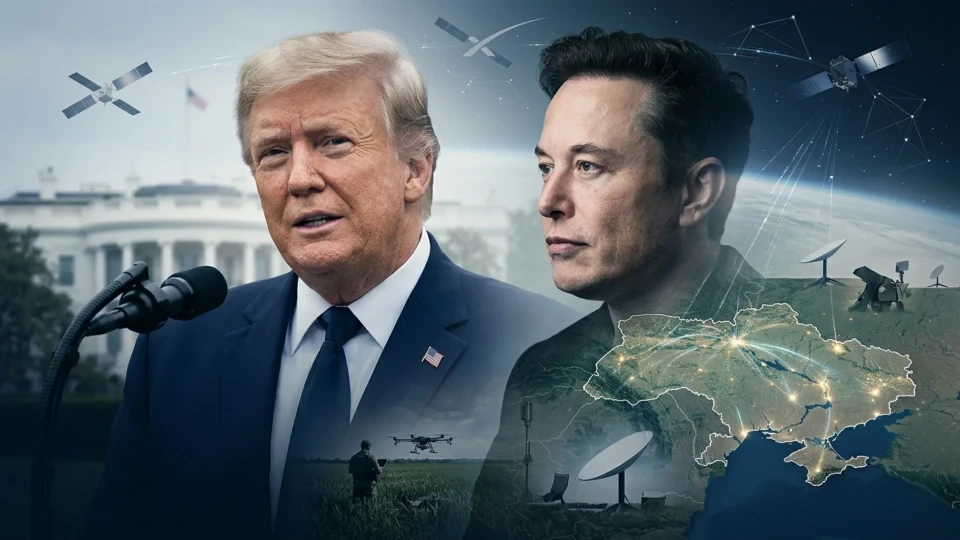 Donald Trump ve Elon Musk’ın portreleri, uydu ve Ukrayna haritası görseliyle bir arada