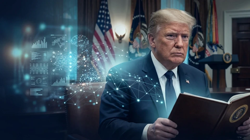 Donald Trump, yapay zeka temalı görsel öğeler ve ABD bayraklarının önünde bir kitap tutuyor