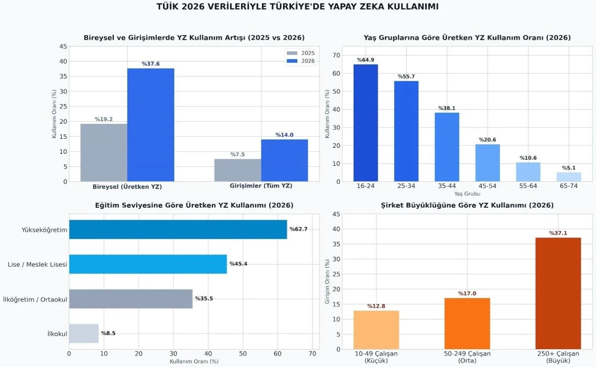 TÜİK 2026 verileriyle Türkiye’de yapay zekâ kullanımı: yıllık artış, yaş grupları, eğitim düzeyi ve şirket büyüklüğüne göre oranları gösteren grafik