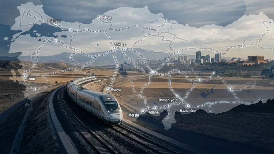 Türkiye haritası ve demir yolu bağlantıları önünde raylarda ilerleyen hızlı tren