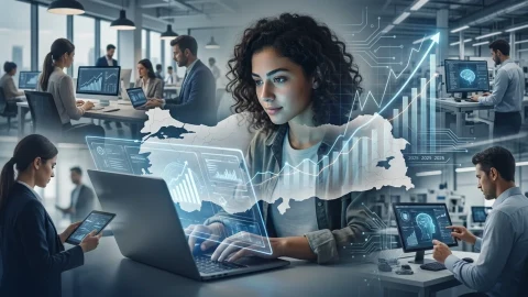 Ofis ortamında çalışanların bilgisayar ve dijital arayüzlerle yapay zekâ ve veri analizi çalışmaları