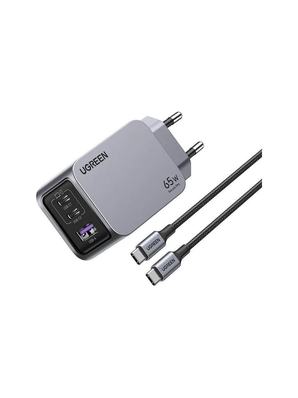 UGREEN 65W adaptör ve iki USB-C kablosu