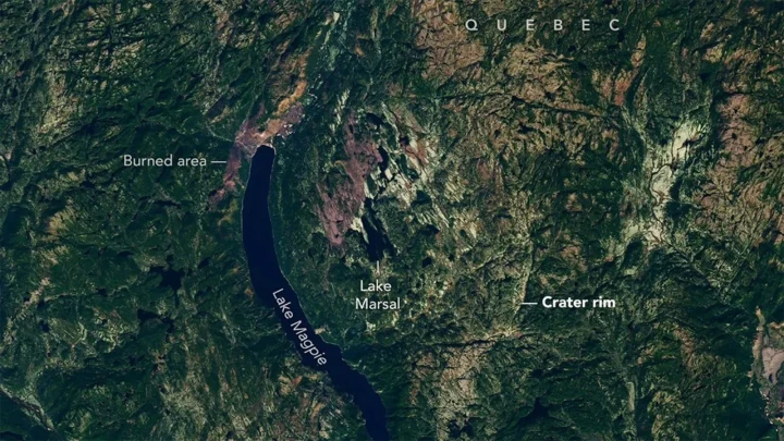 Quebec’te Marsal Gölü çevresindeki krater yapısını gösteren uydu görüntüsü
