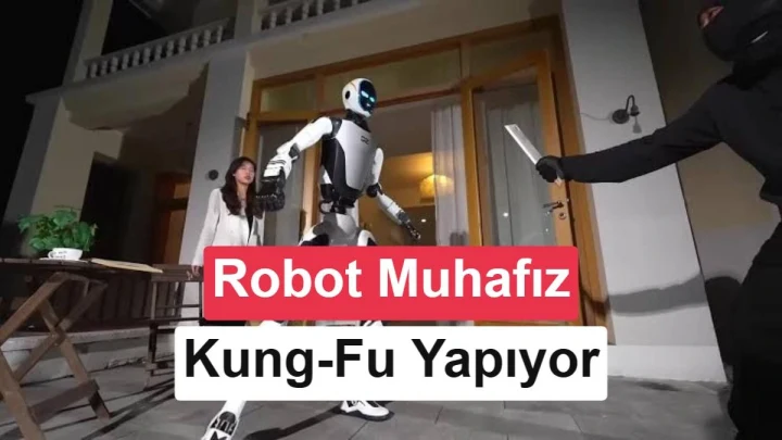 Unitree H2-X robotu, tanıtım videosunda bir kişinin karşısında duruyor.