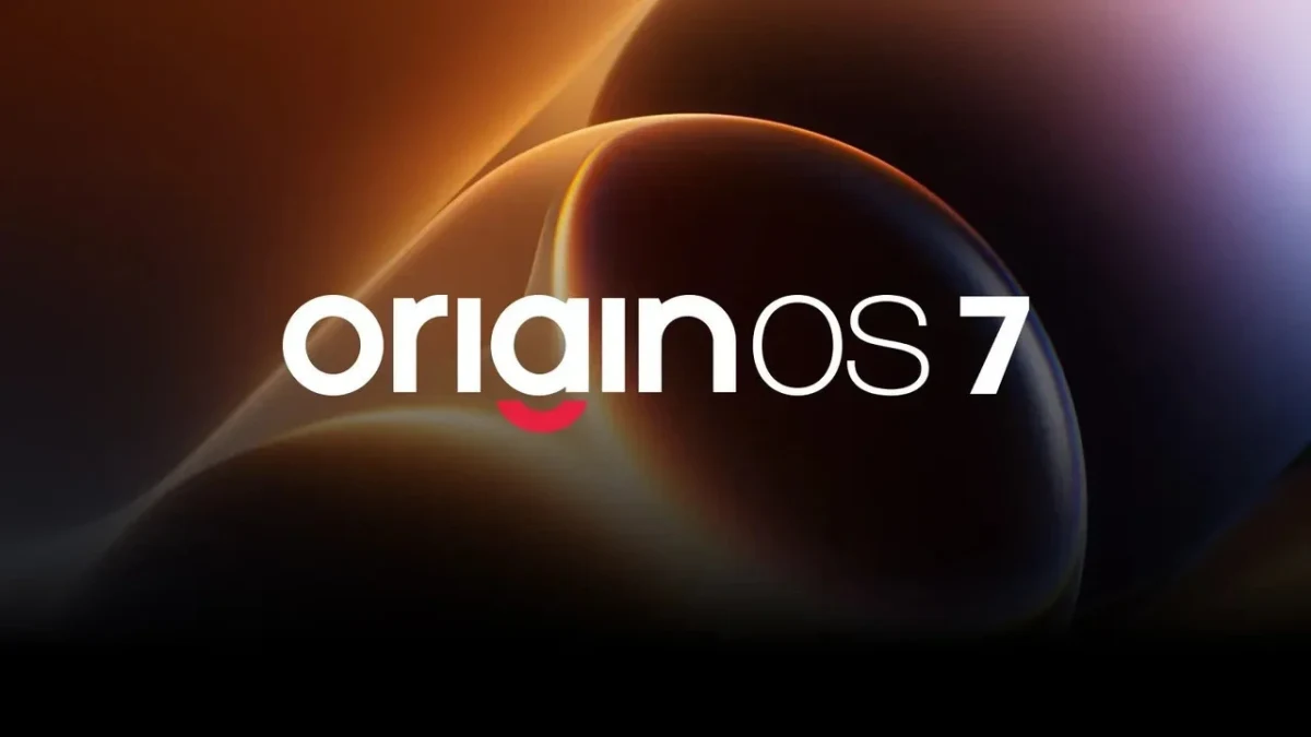 OriginOS 7 logosu, koyu renkli ve ışık yansımaları bulunan arka plan üzerinde