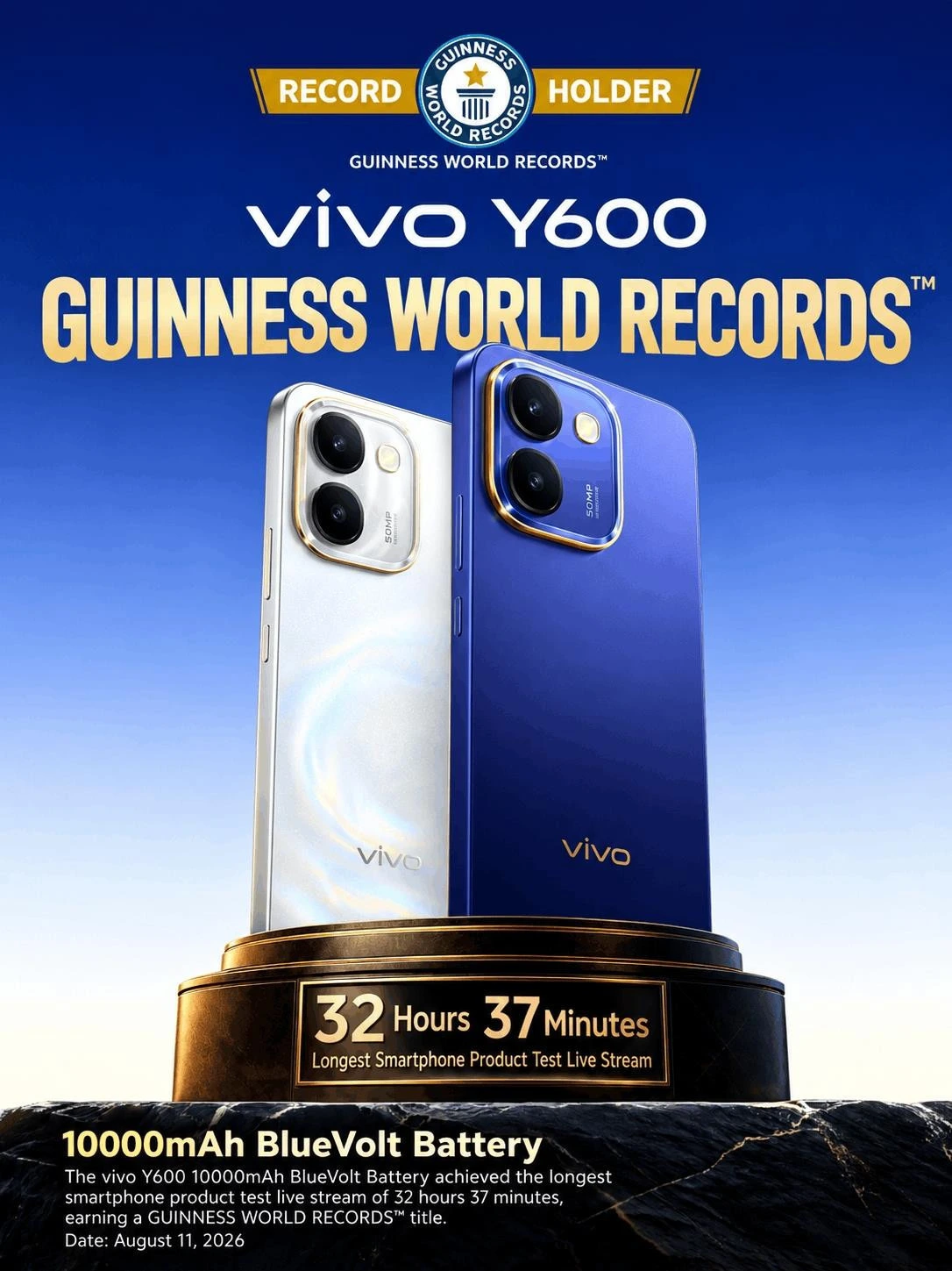 Vivo Y600’nin Guinness Dünya Rekorları görseli; 32 saat 37 dakikalık canlı yayın ve 10.000 mAh BlueVolt batarya bilgileri yer alıyor.