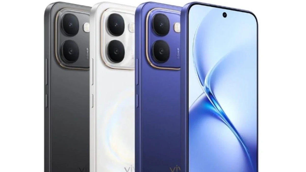 Vivo Y600 telefonun koyu gri, beyaz ve mor renk seçenekleri ile ön yüzü