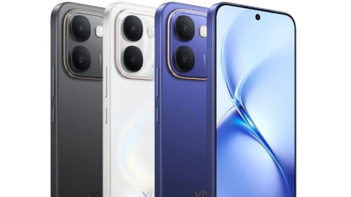 Vivo Y600 telefonun koyu gri, beyaz ve mor renk seçenekleri ile ön yüzü