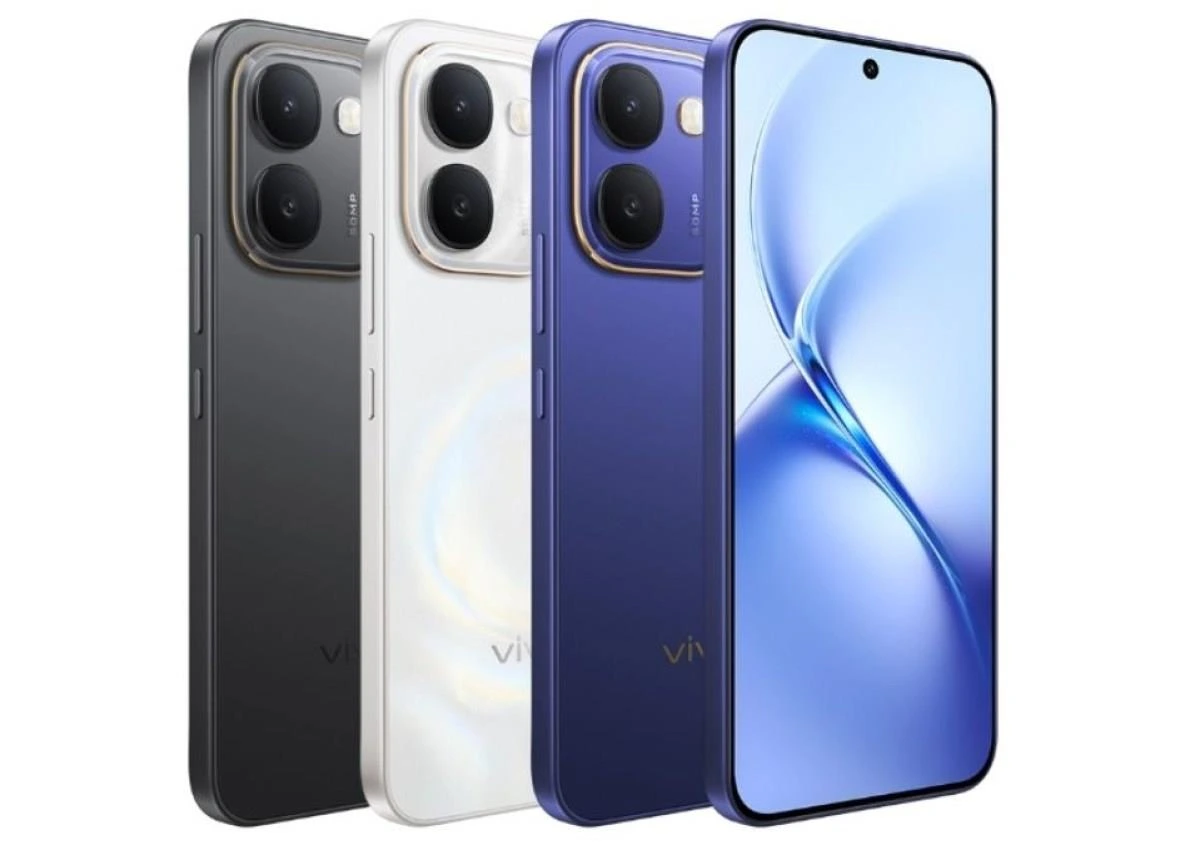 Vivo Y600 telefonun koyu gri, beyaz ve mor renkli arka yüzleri ile mavi ekranı