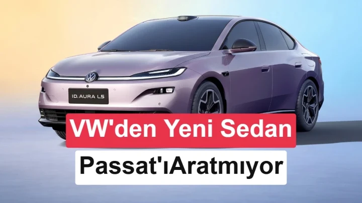 Mor renkli Volkswagen ID. Aura L5 elektrikli sedanın önden üç çeyrek görünümü