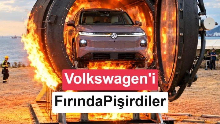 Volkswagen ID. AURA T6, alevlerle ısıtılan büyük bir tamburun içinde dayanıklılık testine giriyor.