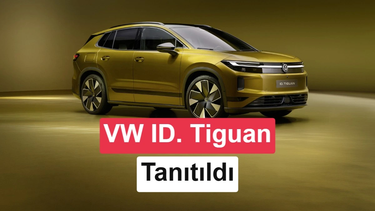 Sarı renkli Volkswagen ID. Tiguan elektrikli SUV önden üç çeyrek açıdan