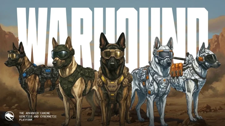 Warhound tanıtım görselinde koruyucu ekipmanlarla tasvir edilen köpekler