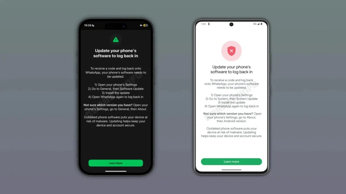 İki telefonda WhatsApp'a giriş için cihaz yazılımını güncelleme uyarısı