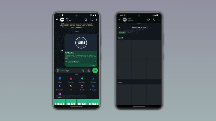 WhatsApp sohbet ekranı ve Reels içeriği seçme arayüzünü gösteren iki telefon ekranı