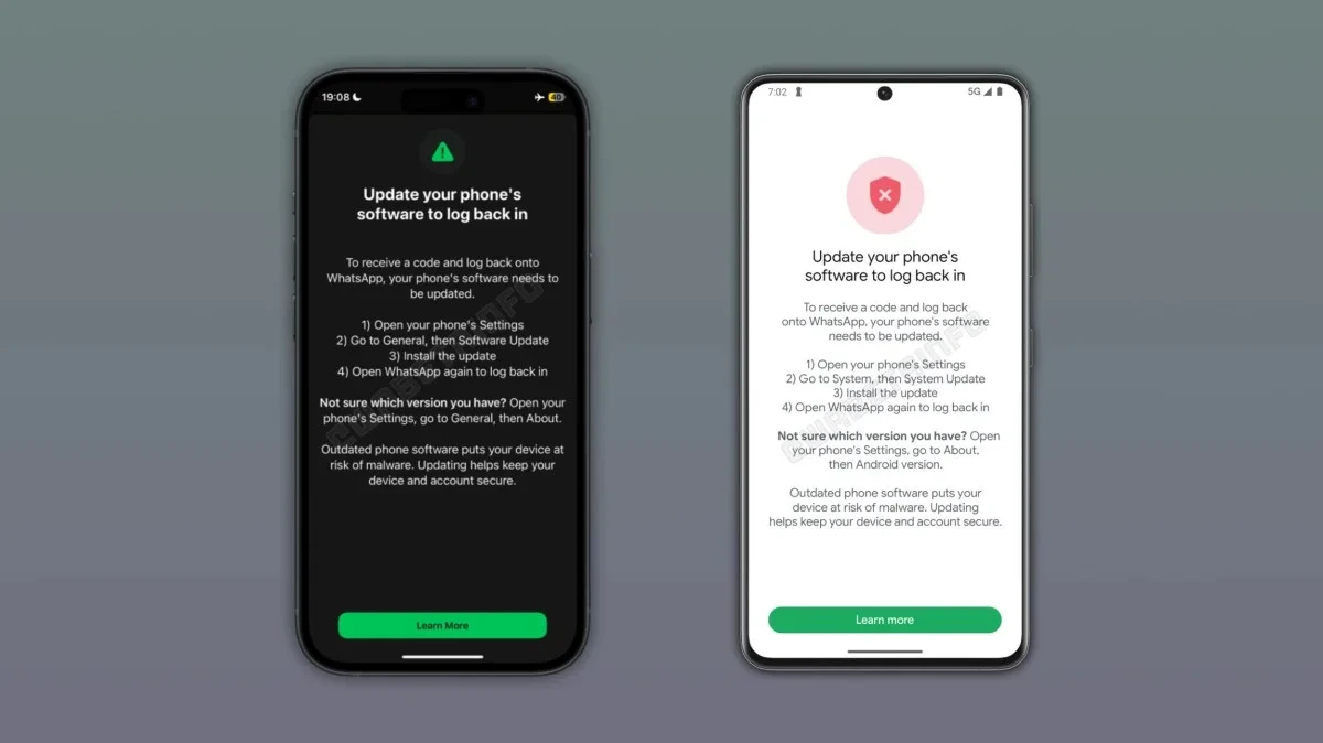 İki telefonda WhatsApp’a yeniden giriş için telefon yazılımının güncellenmesini isteyen uyarı ekranları