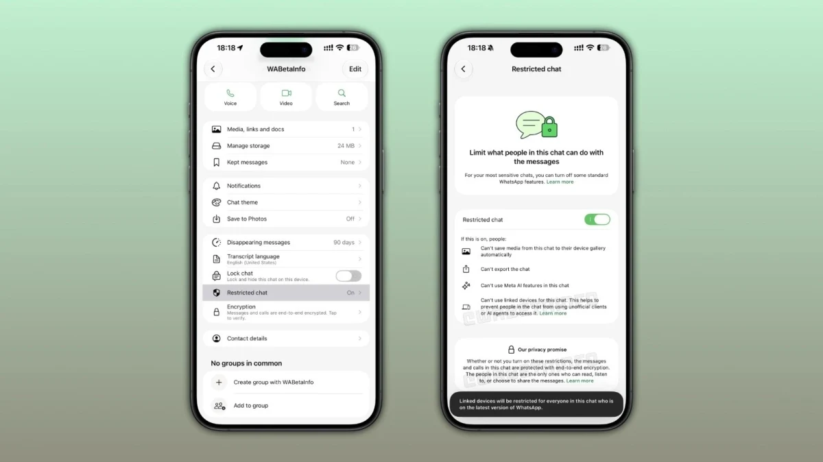 WhatsApp sohbet bilgileri ekranında Kısıtlı Sohbet seçeneği ve özelliğin ayar ekranı