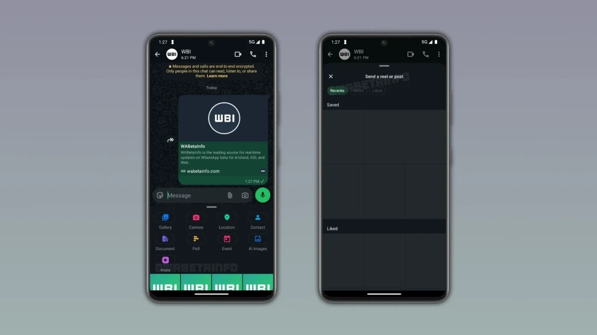 WhatsApp sohbeti ve medya seçicisinin açık olduğu iki telefon ekranı