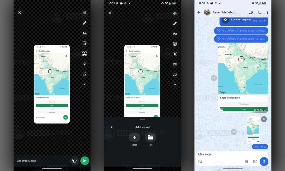 WhatsApp çıkartmalarına ses ekleme seçeneklerini gösteren uygulama ekranları