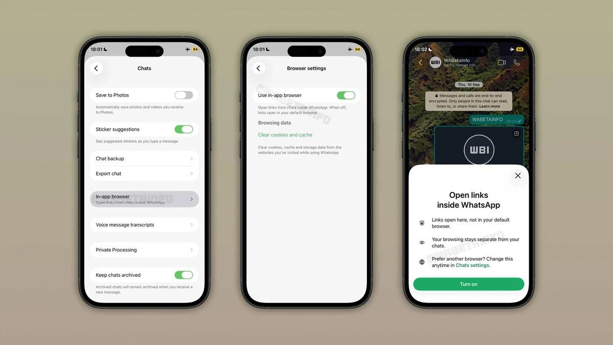 WhatsApp sohbet ve tarayıcı ayarları ile bağlantı açma bilgilendirmesini gösteren üç telefon ekranı